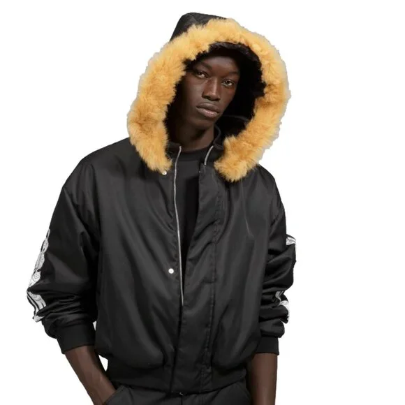 NEW! $2300 Bally of Switzerland Fur Trim Bomber Jacket!BlackEmbroidered Bear